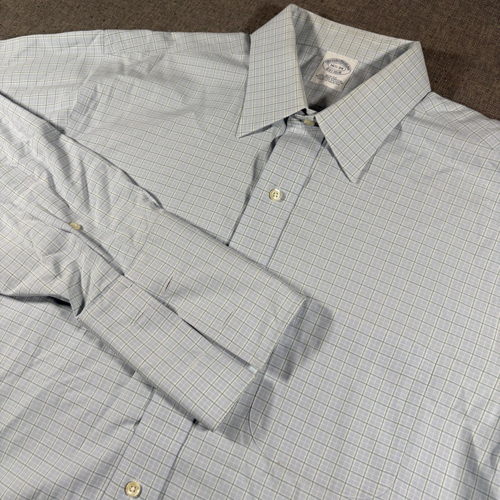 Brooks Brothers Dress Shirt Mens 16.5-34 Blue Green Check Non-Iron Slim Fit